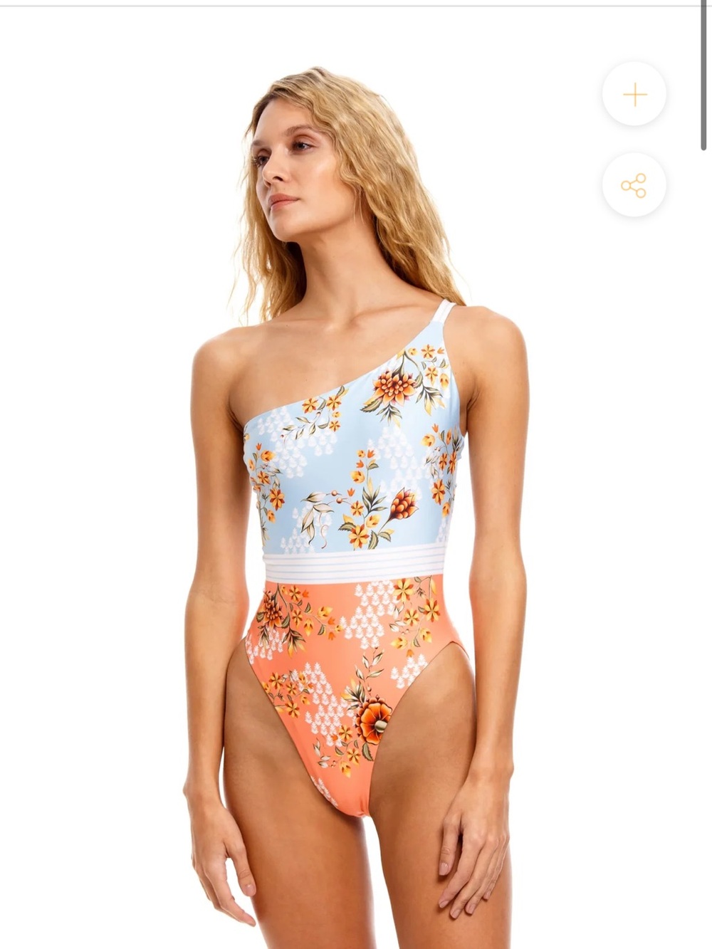 Agua Bendita One-Shoulder Floral One-Piece in Light Blue and Coral